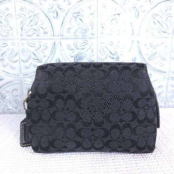 Coach Handbags - Coach Black Signature Canvas Makeup Cosmetic Bag 6x4 Zipper Pouch Travel Purse